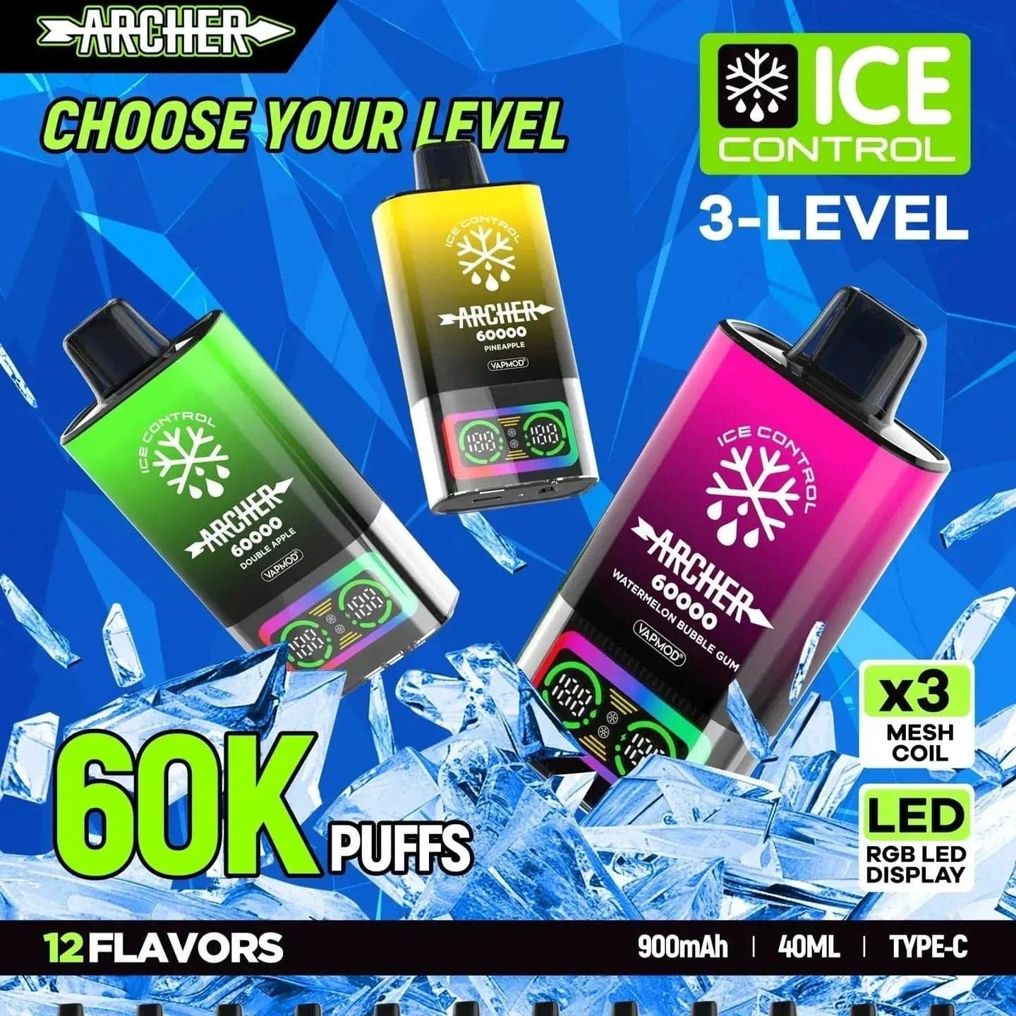 Archer 60K Ice Control Disposable Vape (5%, 60000 Puffs) - Watermelon Bubble Gum